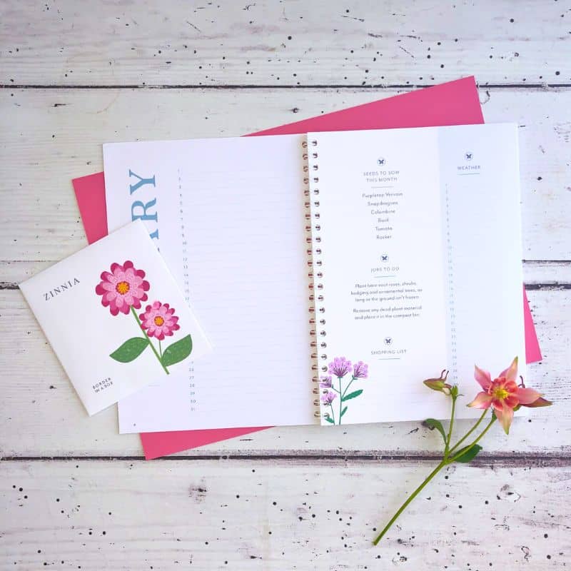 garden journal inside pages with zinnia seed packet