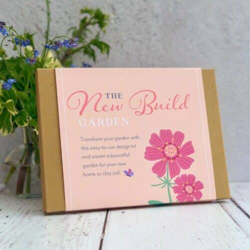 new build garden design kit front cover with cosmos flower illustration