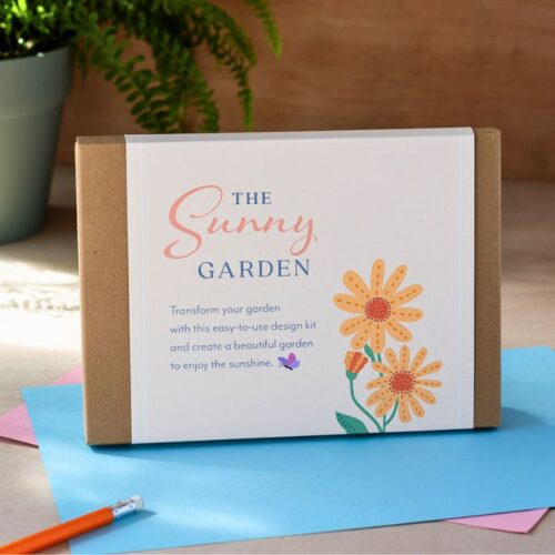 sunny garden design kit front of box with calendula flower illustration