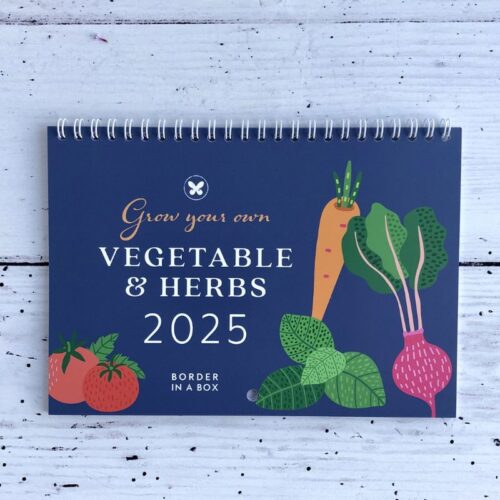 veg and herb calendar front cover, purple background with veg illustrations and wiro bound