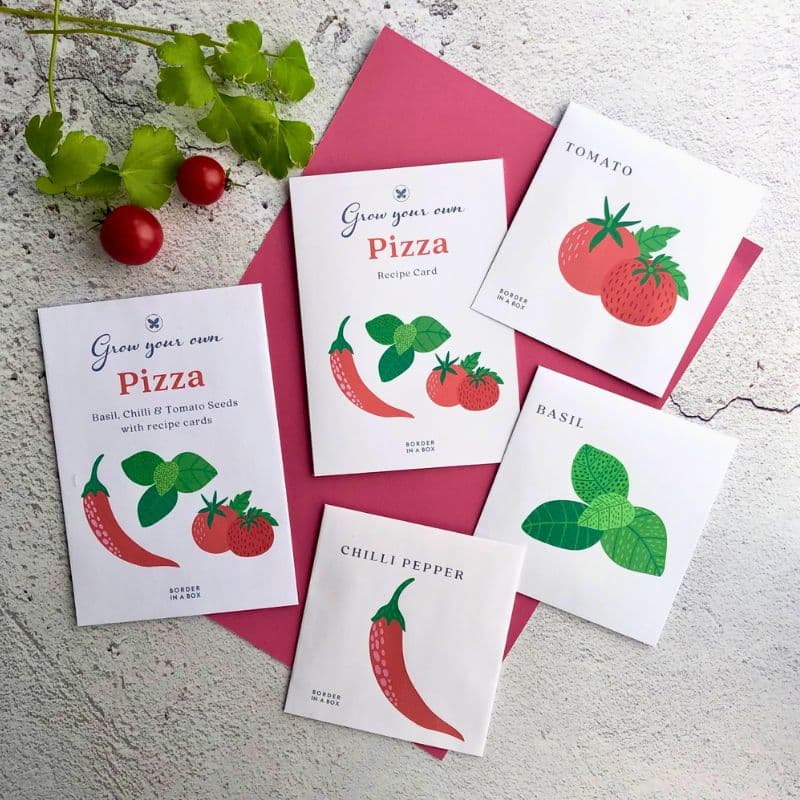 grow your own pizza seeds basil chilli tomato on a pink background