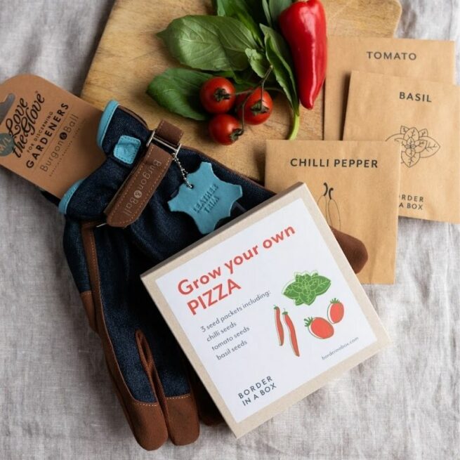 mens denim gardening gloves grow your own pizza seed box
