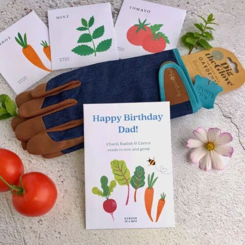 mens denim gardening gloves with vegetable seed packets