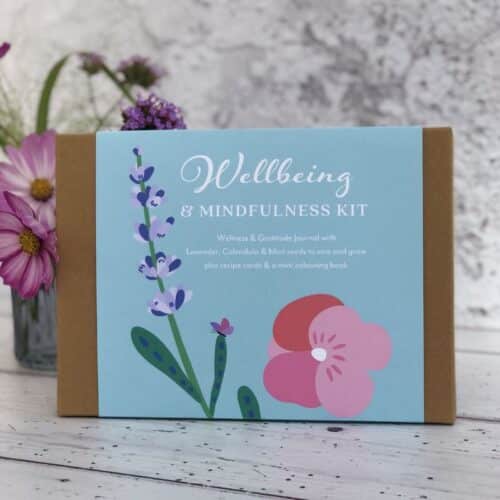 wellbeing and mindfulness gift box front cover with flower illustrations