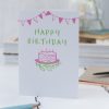 happy birthday card with pink bunting and birthday cake illustration