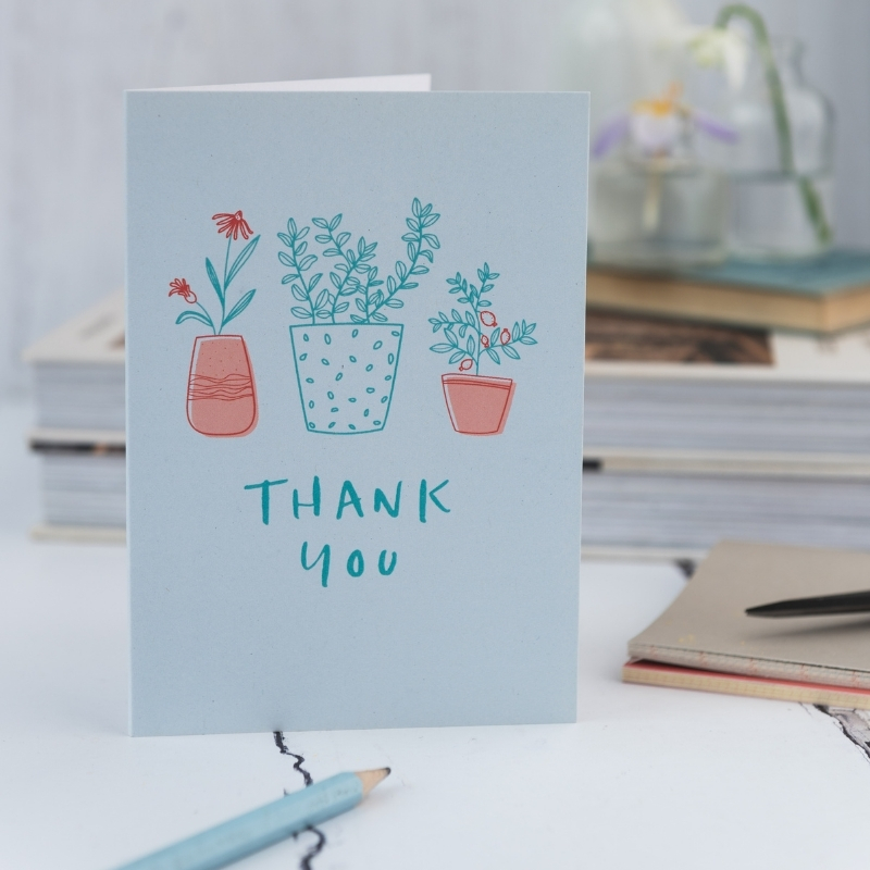 thank you card with plant pot and flower illustrations