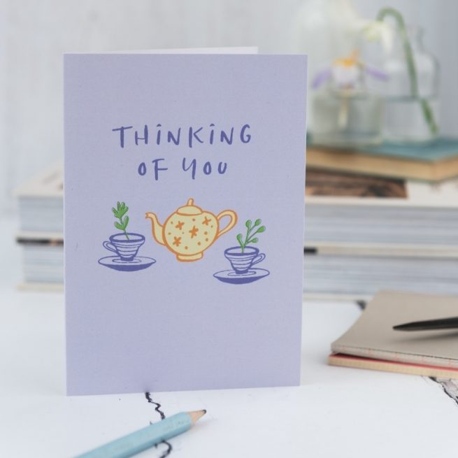 Thinking of you card with teapot and cups and saucer illustrations