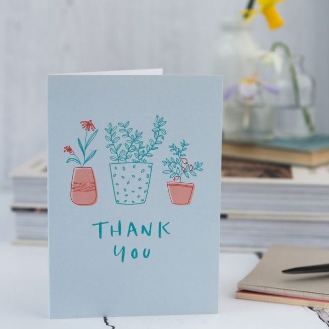 thank you card with plant pot illustration