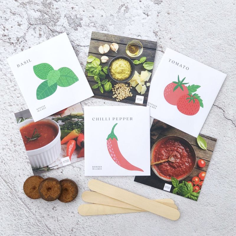 basil chilli and tomato seed packets recipe cards compost discs and wooden plant labels