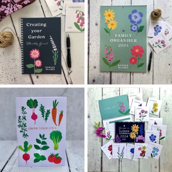 calendars planners and notebooks with bright flower and veg illustrations