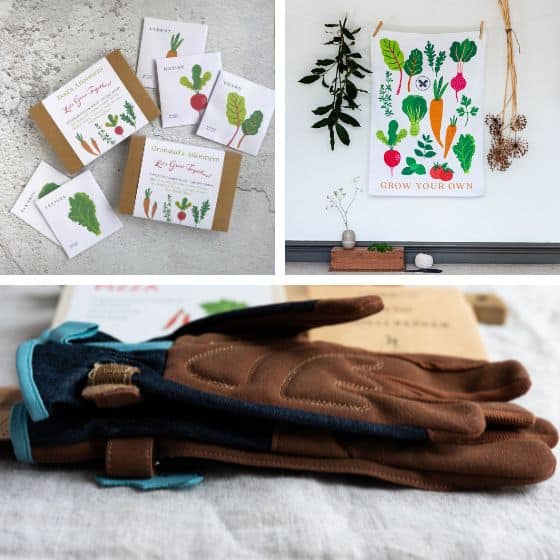 denim gardening gloves, seed kits and veg illustrated tea towel