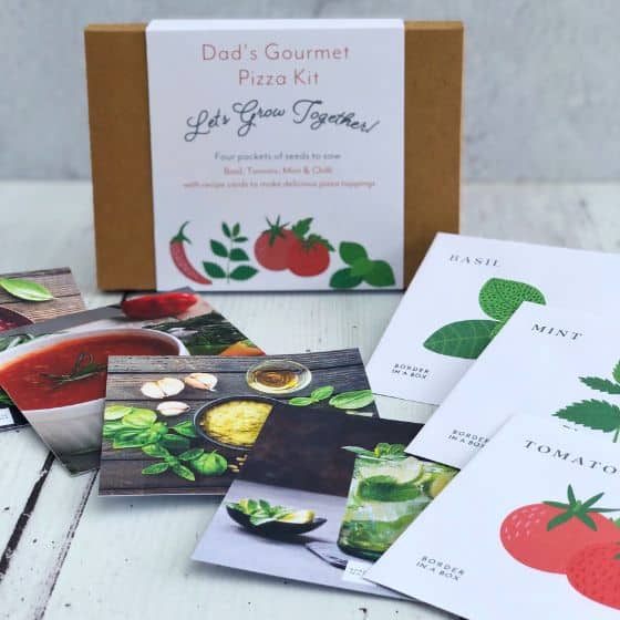 pizza recipes, seed packets and gift box
