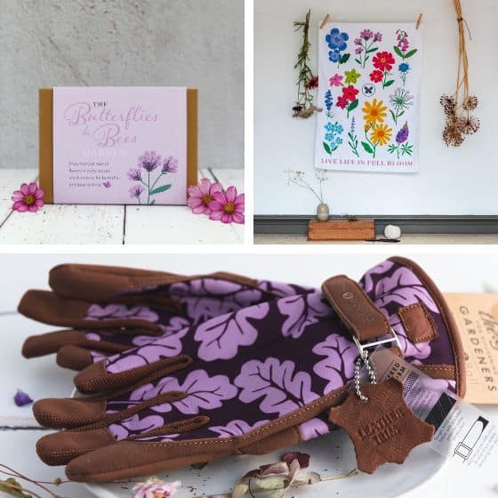 purple ladies gardening gloves, butterflies and bees design kit and floral tea towel