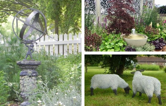 water feature, wire sheep and garden statue