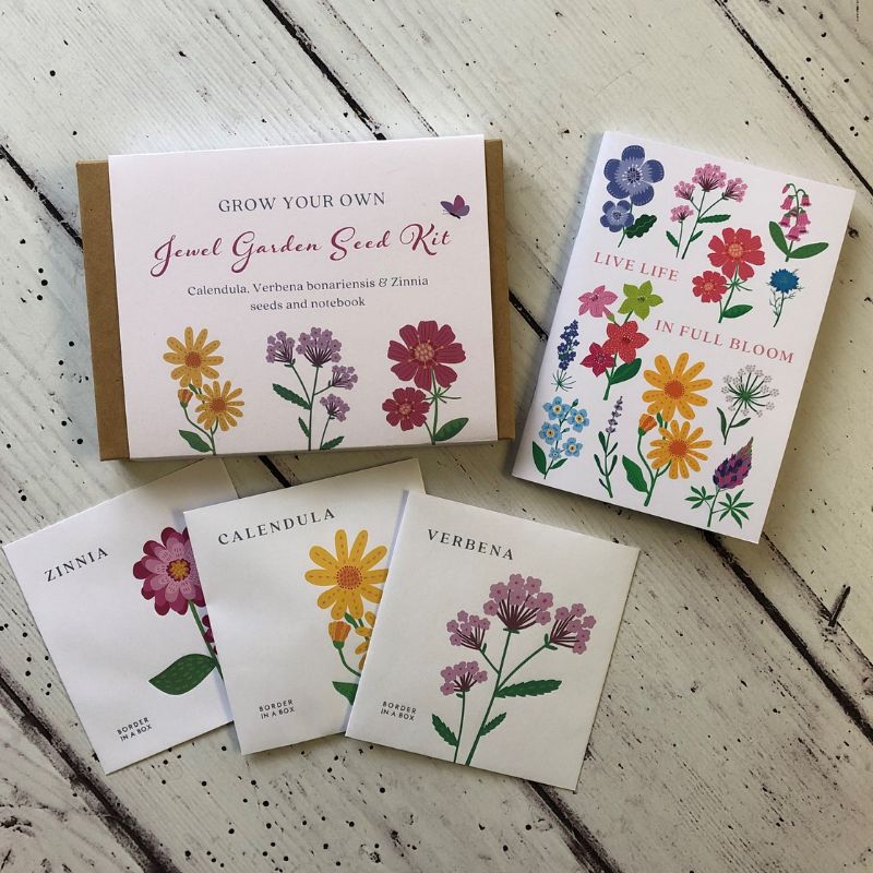 jewel garden seed kit with verbena calendula and zinnia and A6 notebook with floral design