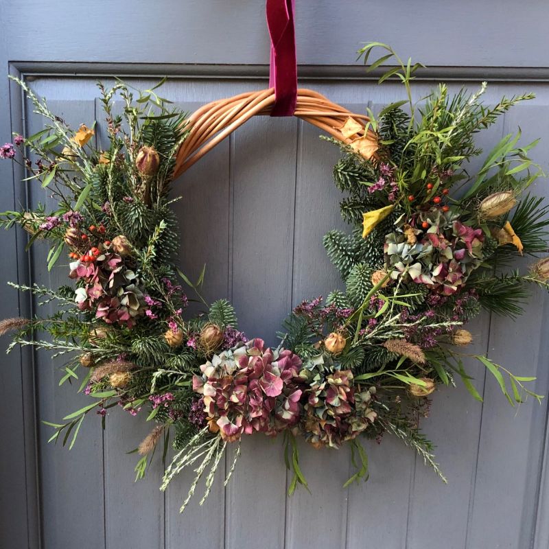 door wreath willow base hydrangea velvet ribbon