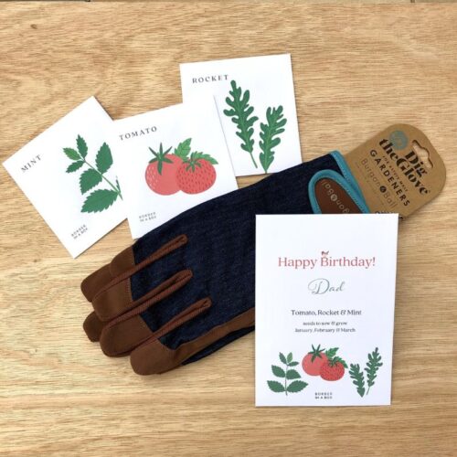 mens denim gardening gloves and veggie seed packets