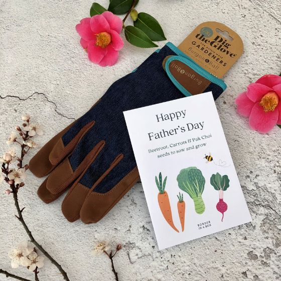 mens denim gardening gloves with veggie seed pack