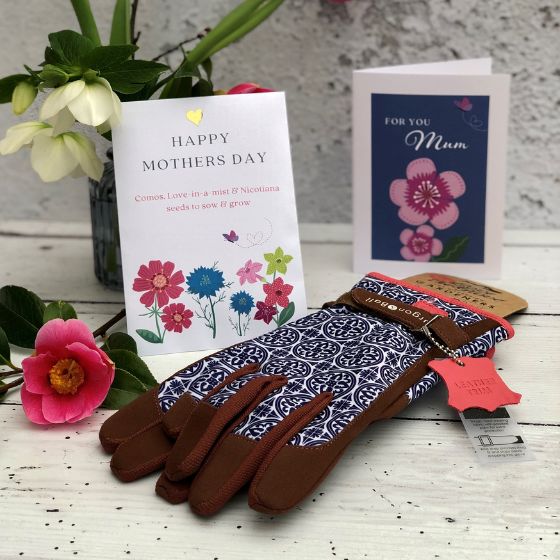 womens blue pattern gardening gloves with mothers day flower seed packet and matching card