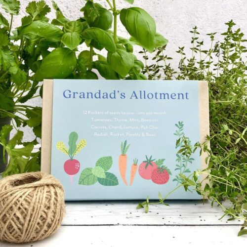 grandads allotment seed gift box front cover surrounded by herbs and a ball of twine