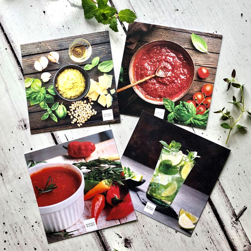 recipe cards with photos of tomato sauce, pesto, mint mocktail and hot sauce