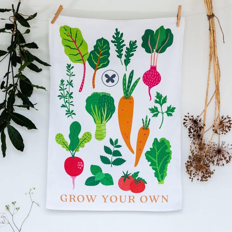 tea towel with vegetable illustrations