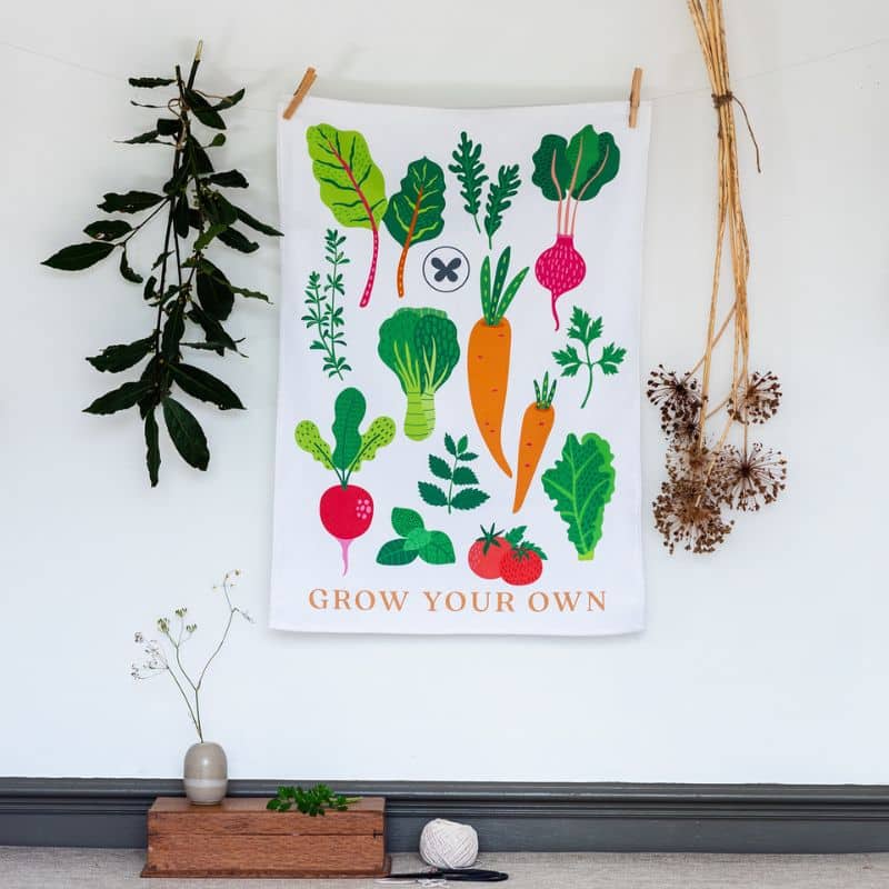 tea towel white background bright vegetable illustrations