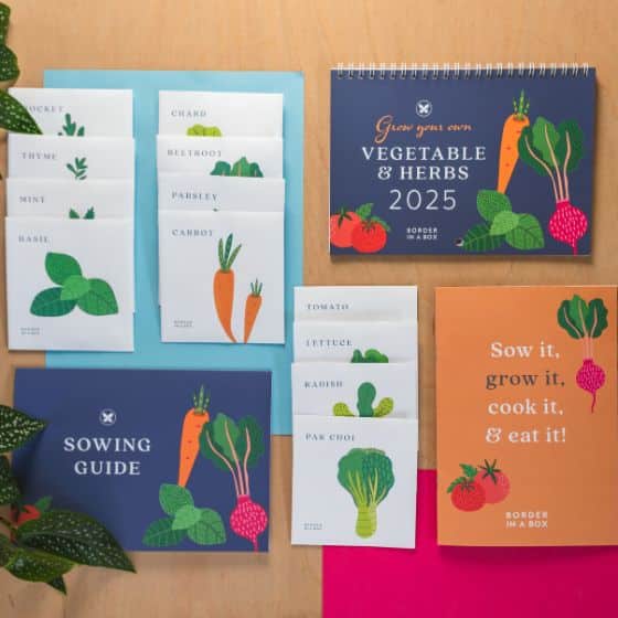 veg calendar 2025 with seed packets sowing guide and cook book