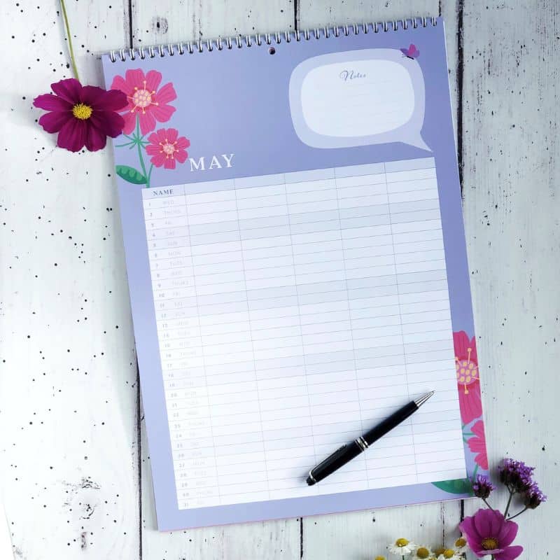 family organiser calendar 2023 inside page with dates and flower illustrations