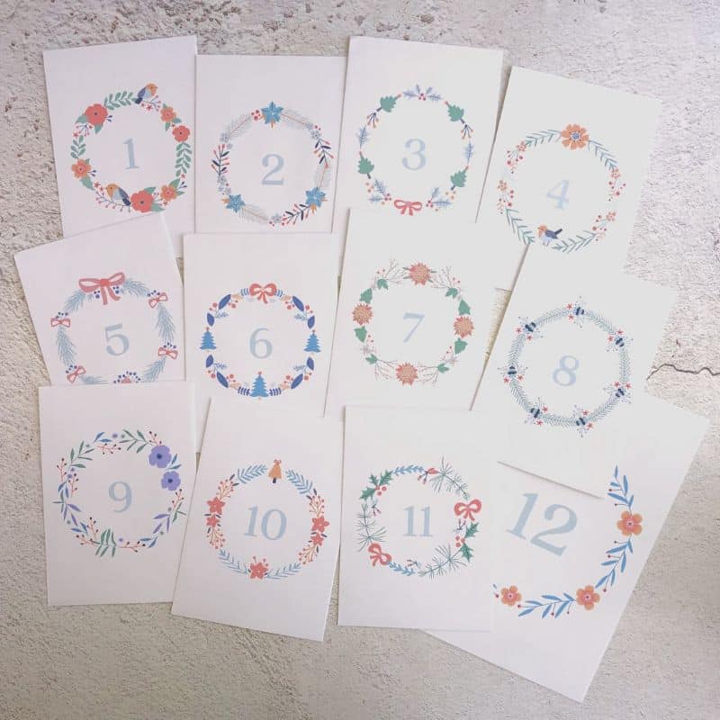 advent calendar envelopes with hand drawn wreath designs