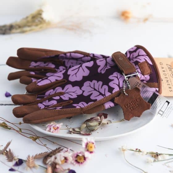 ladies luxury gardening gloves purple oak leaf design