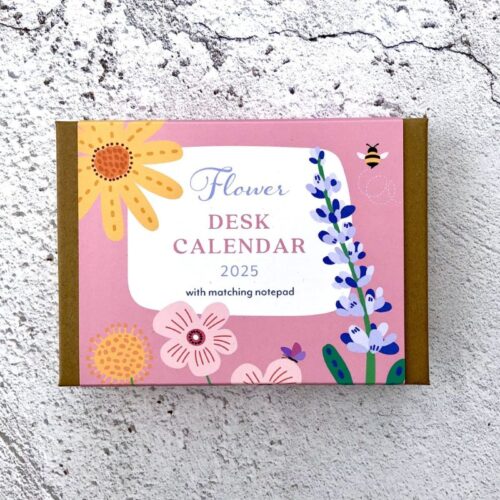 Desk calendar gift box front , pink background, floral illustrations