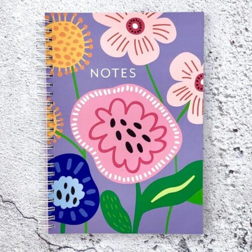 notebook front cover purple background bright floral illustrations