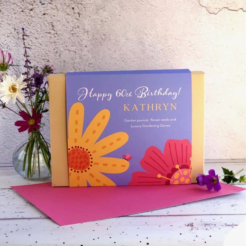 personalised gardening gift box front cover with flower illustrations