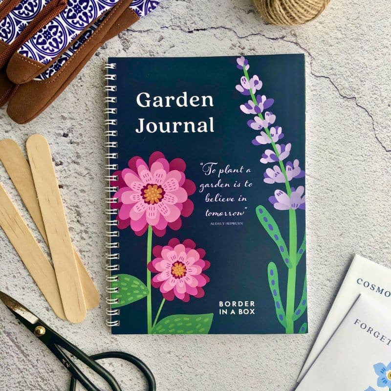 garden journal front cover with zinnia and lavender illustrations