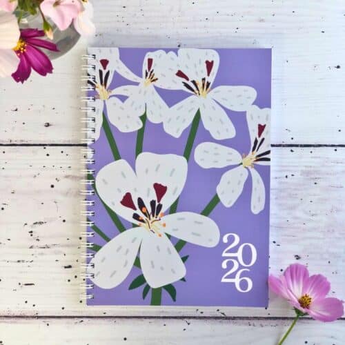 Diary 2026 blue background white pelargonium flower design