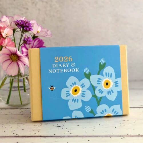 2026 diary front of gift box with blue forget me not floral design