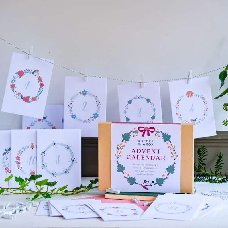 seed advent calendar gift box and envelopes displayed with twine and pegs