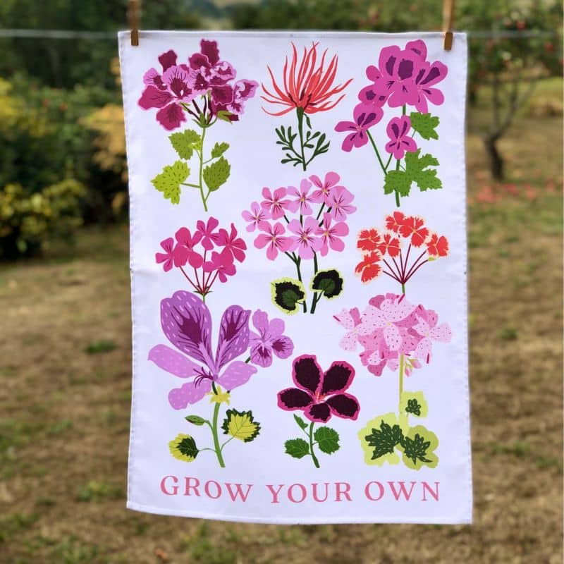 geranium flower tea towel cotton made in uk