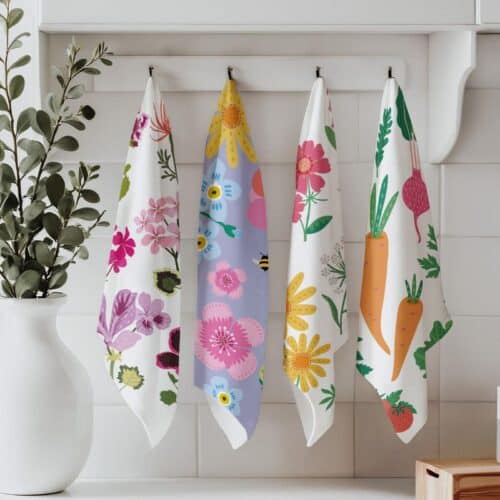tea towels 4 designs hanging up on pegs