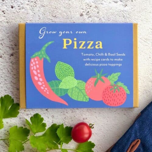grow your own pizza seed gift box front cover with chilli basil and tomato illustrations