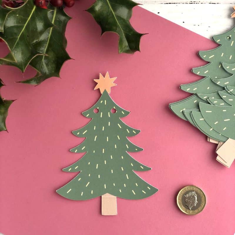 christmas tree bunting single flag 800 x 800 single christmas tree bunting flag on a red background and a pound coin for context