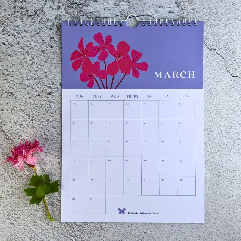 pelargonium wall calendar March 800 x 800 March page with pink flower illustration 2026 wall calendar