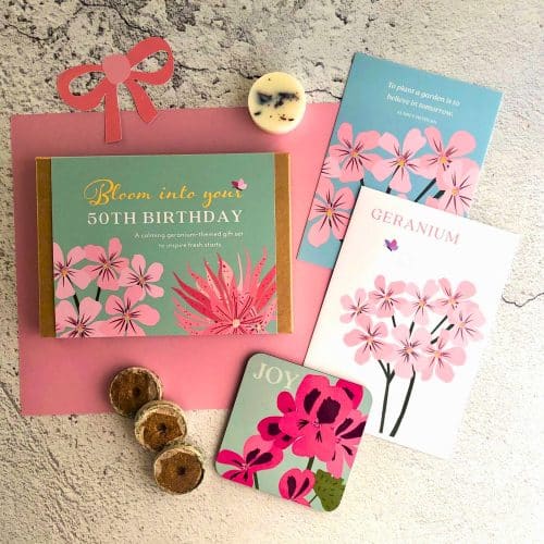 50th gift box with seeds, coaster, postcard, wax melt and coir compost