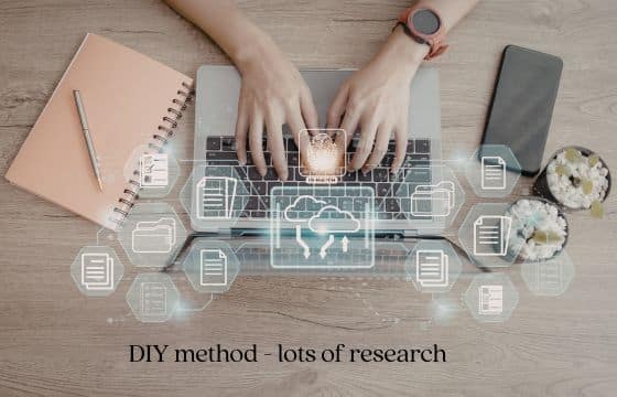 DIY research for planting solutions open laptop notebook phone and files