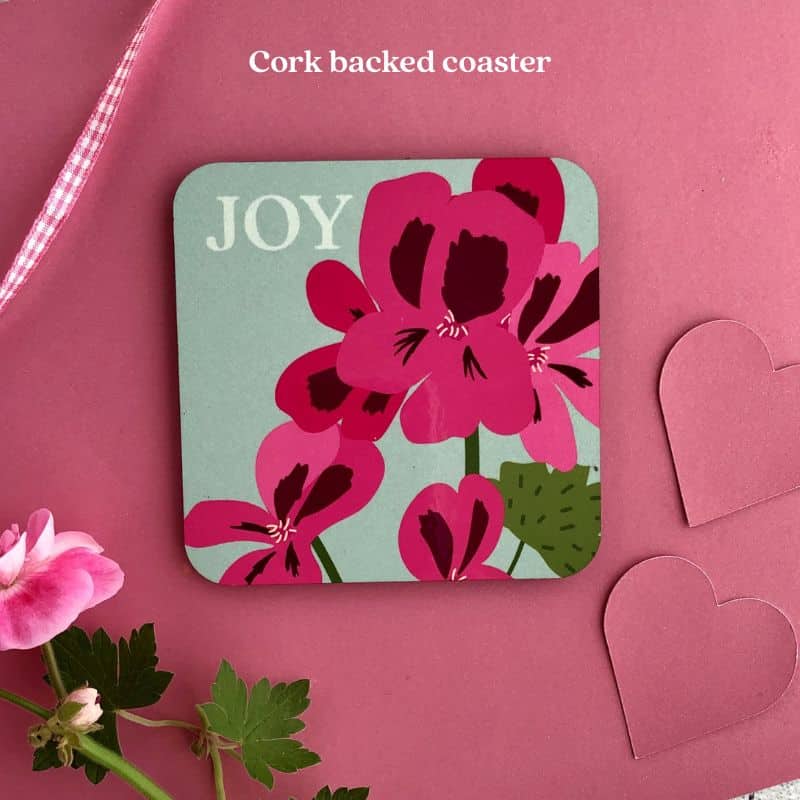cork backed coaster 800 x 800 cork backed coaster with pelargonium illustration
